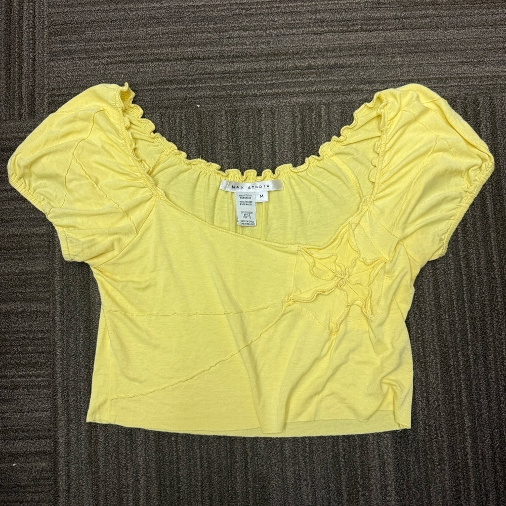 Max Studio Yellow Crop Top with Seam Flower Detail Lettuce Hem